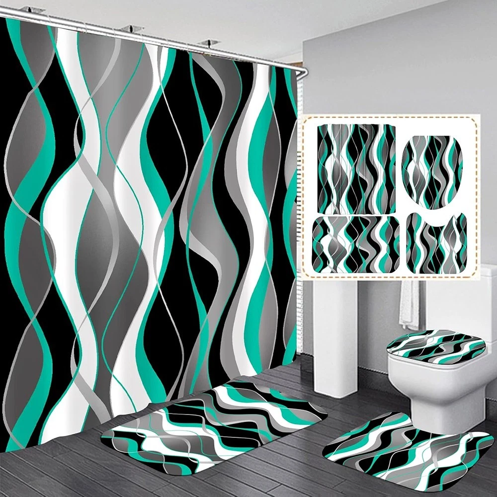 4 PCS BATHROOM SET WITH SHOWER CURTAIN AND RUGS MEMORY FOAM MATS TOILET COVER