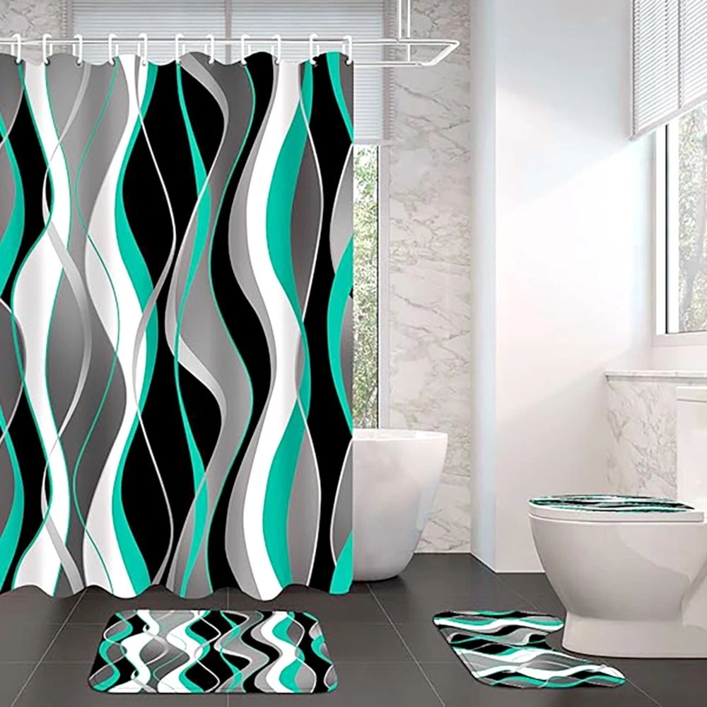 4 PCS BATHROOM SET WITH SHOWER CURTAIN AND RUGS MEMORY FOAM MATS TOILET COVER