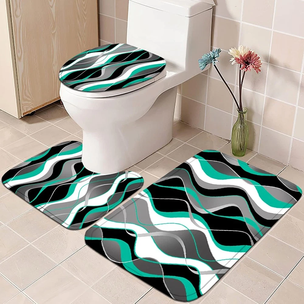 4 PCS BATHROOM SET WITH SHOWER CURTAIN AND RUGS MEMORY FOAM MATS TOILET COVER