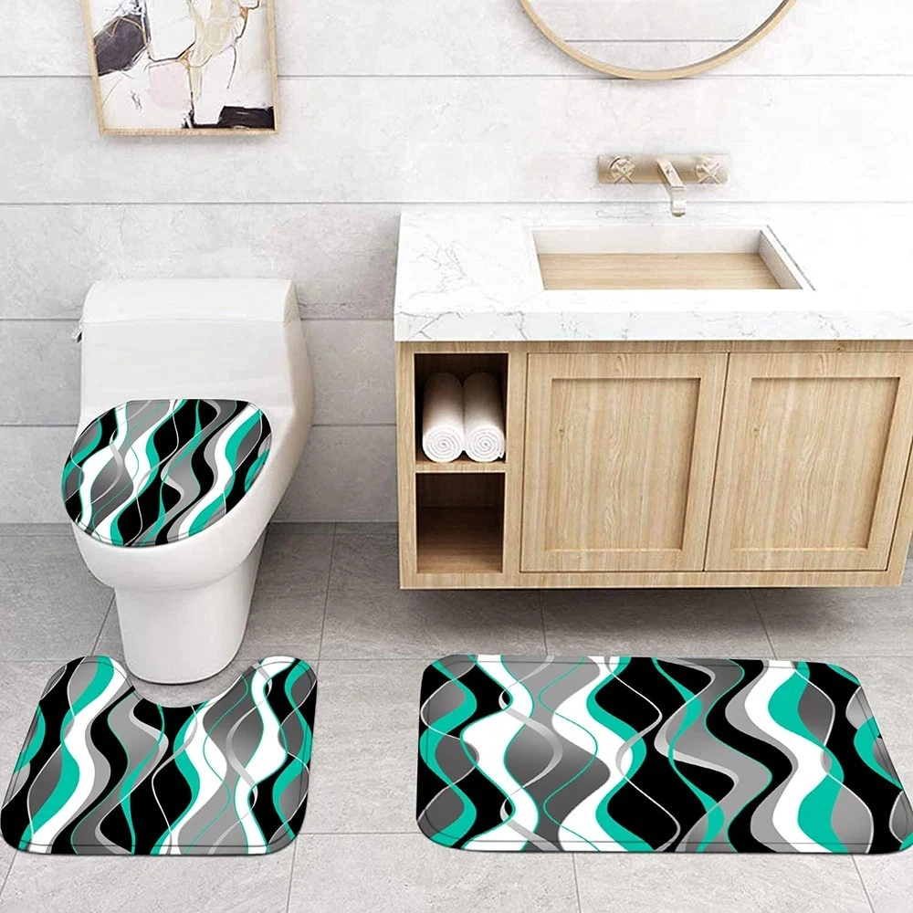 4 PCS BATHROOM SET WITH SHOWER CURTAIN AND RUGS MEMORY FOAM MATS TOILET COVER