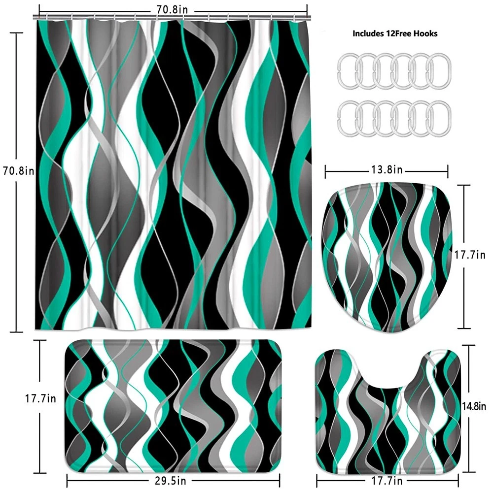 4 PCS BATHROOM SET WITH SHOWER CURTAIN AND RUGS MEMORY FOAM MATS TOILET COVER