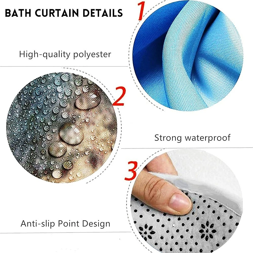 4 PCS BATHROOM SET WITH SHOWER CURTAIN AND RUGS MEMORY FOAM MATS TOILET COVER