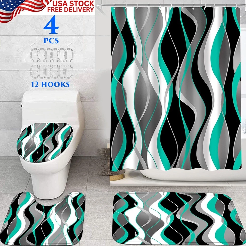 4 PCS BATHROOM SET WITH SHOWER CURTAIN AND RUGS MEMORY FOAM MATS TOILET COVER