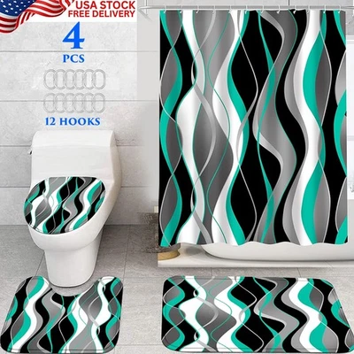 4 PCS BATHROOM SET WITH SHOWER CURTAIN AND RUGS MEMORY FOAM MATS TOILET COVER