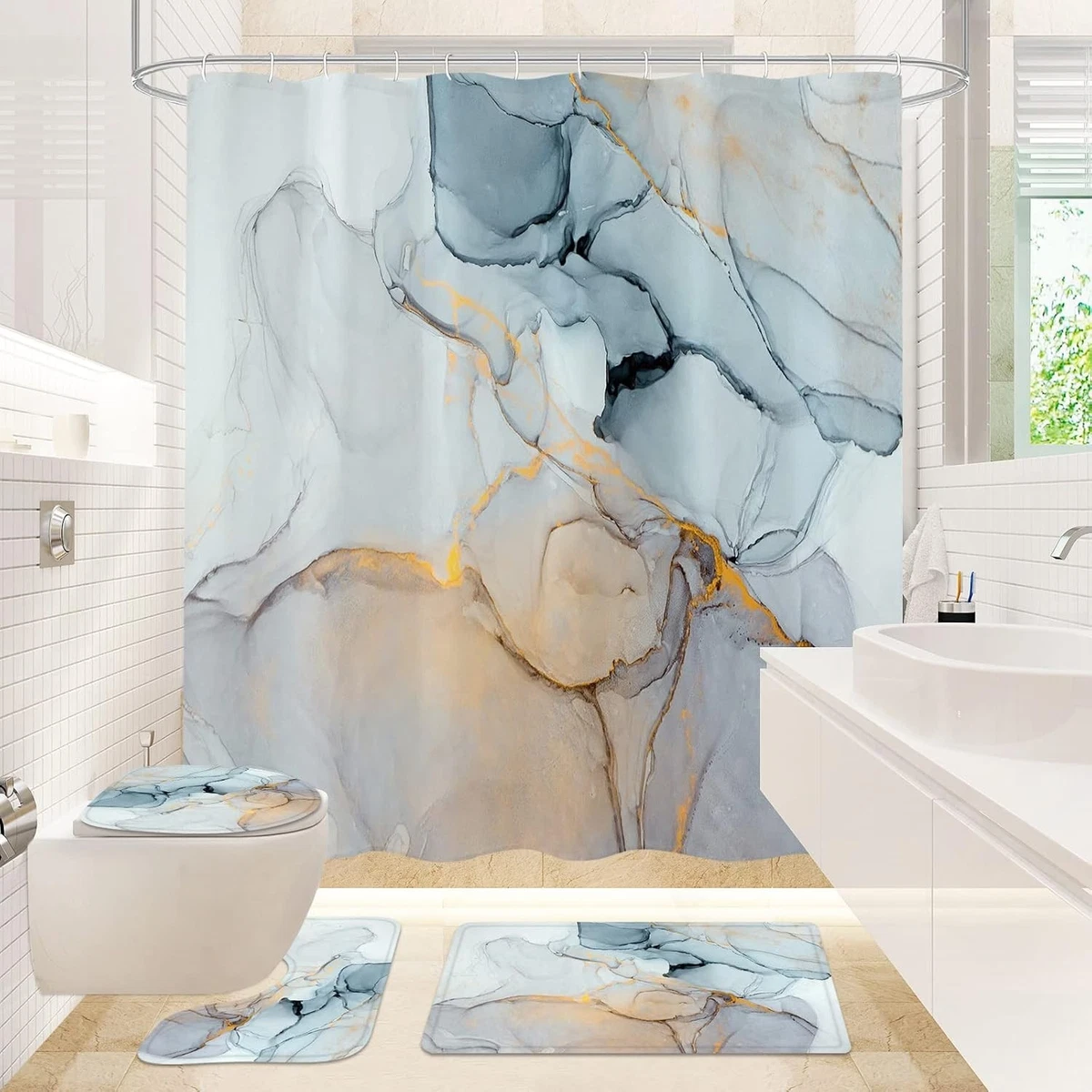 4 Pcs Bathroom Shower Curtain Set with Non-Slip Rugs, Toilet Lid Cover and Ba...