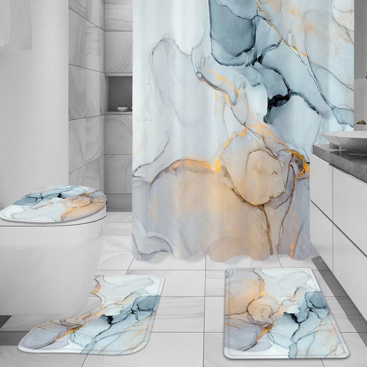 4 Pcs Bathroom Shower Curtain Set with Non-Slip Rugs, Toilet Lid Cover and Ba...
