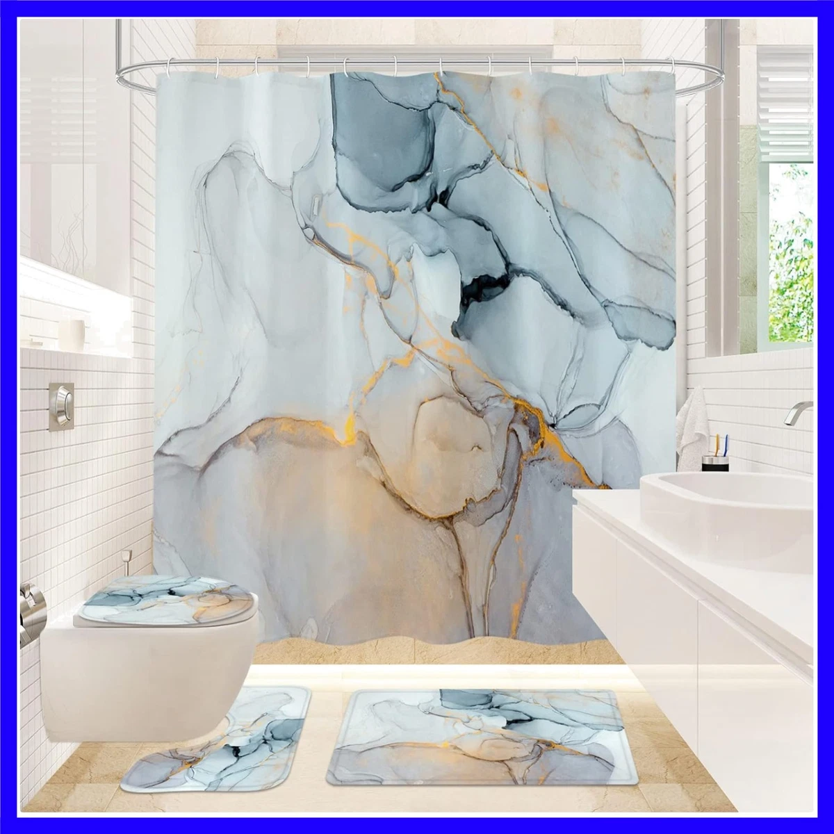 4 Pcs Bathroom Shower Curtain Set with Non-Slip Rugs, Toilet Lid Cover and Ba...