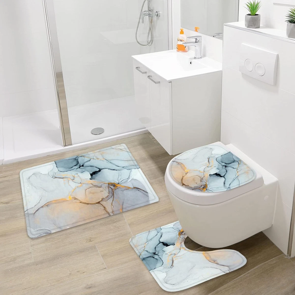 4 Pcs Bathroom Shower Curtain Set with Non-Slip Rugs, Toilet Lid Cover and Bath