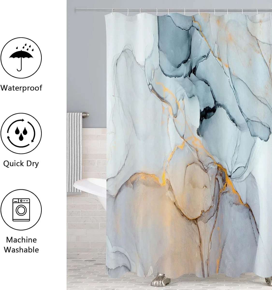 4 Pcs Bathroom Shower Curtain Set with Non-Slip Rugs, Toilet Lid Cover and Bath