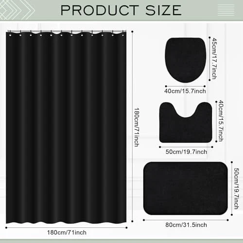 4 Pcs Bathroom Shower Curtain Set with Non Slip Rugs, Toilet Lid Cover and