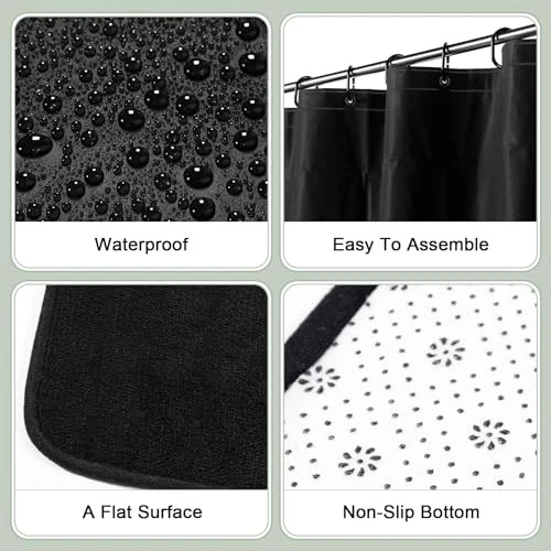4 Pcs Bathroom Shower Curtain Set with Non Slip Rugs, Toilet Lid Cover and