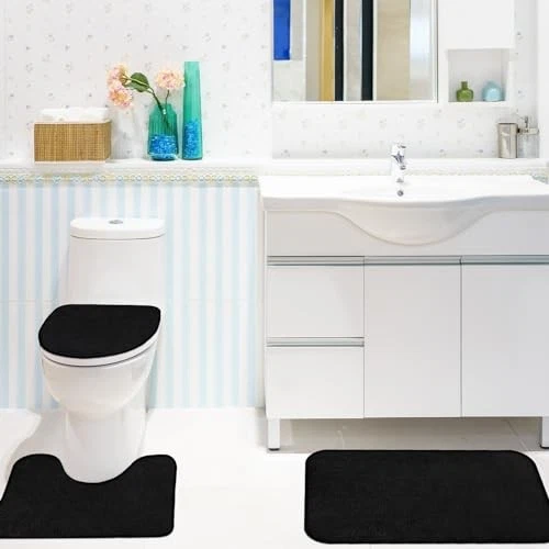 4 Pcs Bathroom Shower Curtain Set with Non Slip Rugs, Toilet Lid Cover and