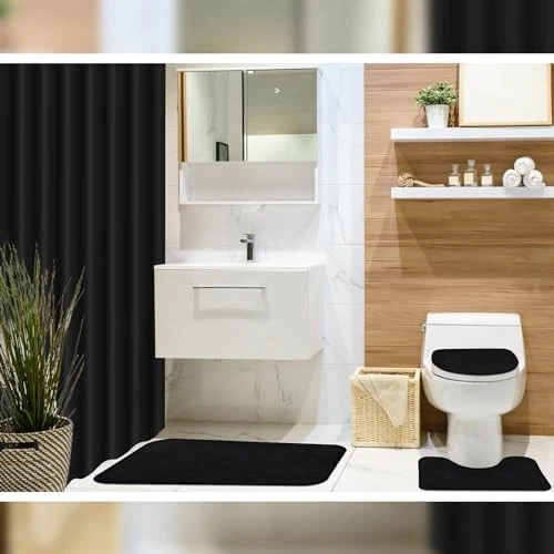 4 Pcs Bathroom Shower Curtain Set with Non Slip Rugs, Toilet Lid Cover and