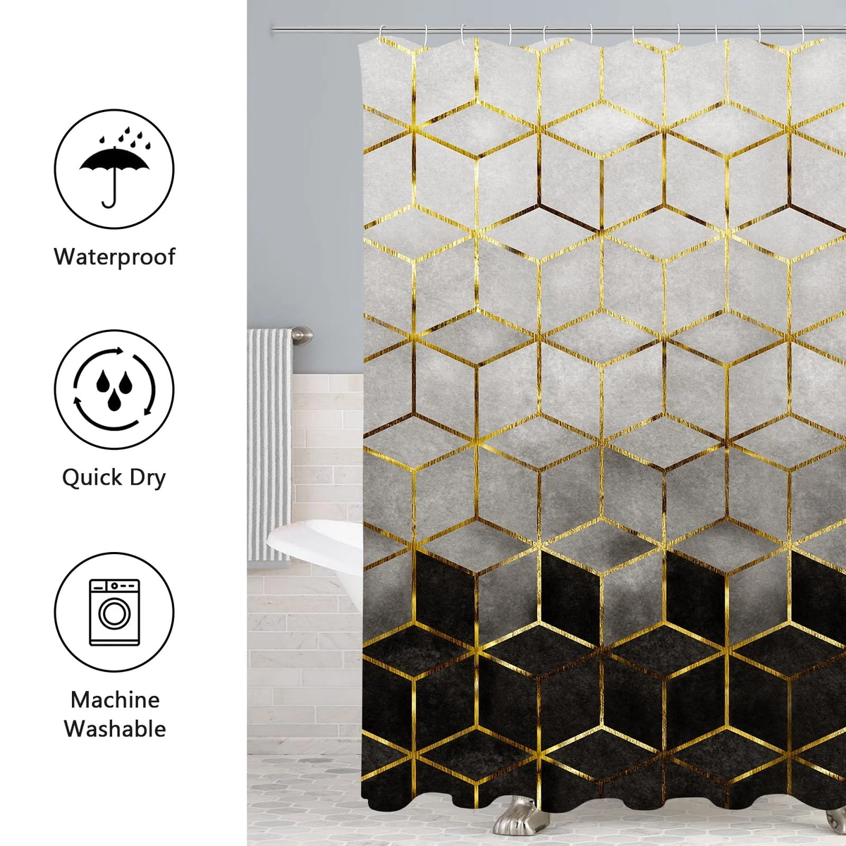 4 Pcs Bathroom Shower Curtain Set with Non-Slip Rugs Toilet Lid Cover Bath Mat