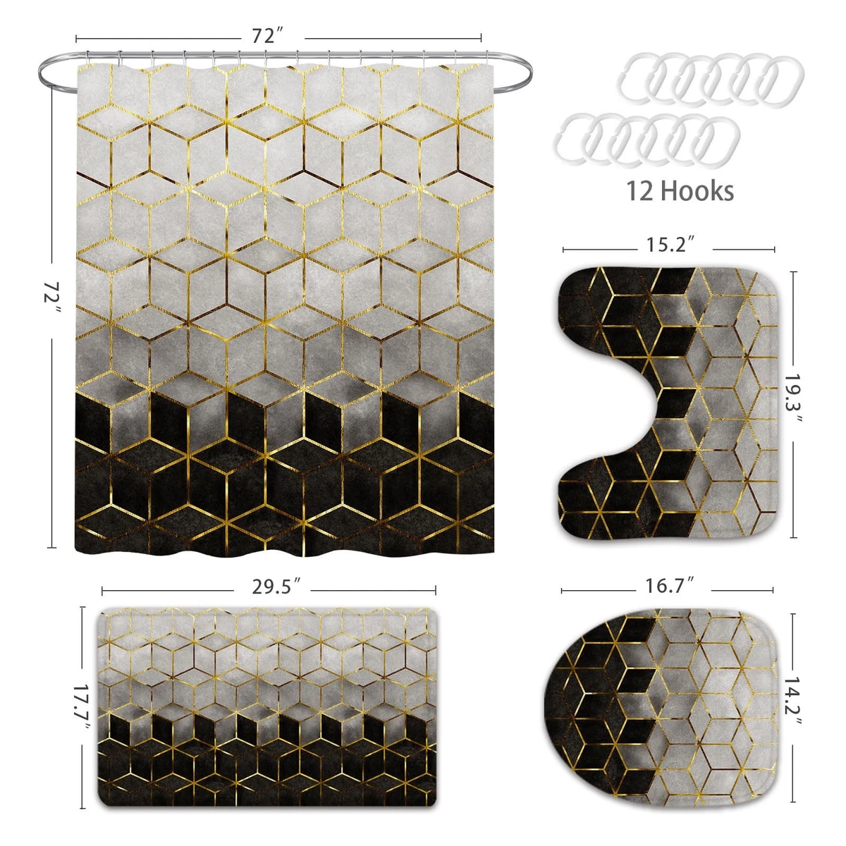 4 Pcs Bathroom Shower Curtain Set with Non-Slip Rugs Toilet Lid Cover Bath Mat