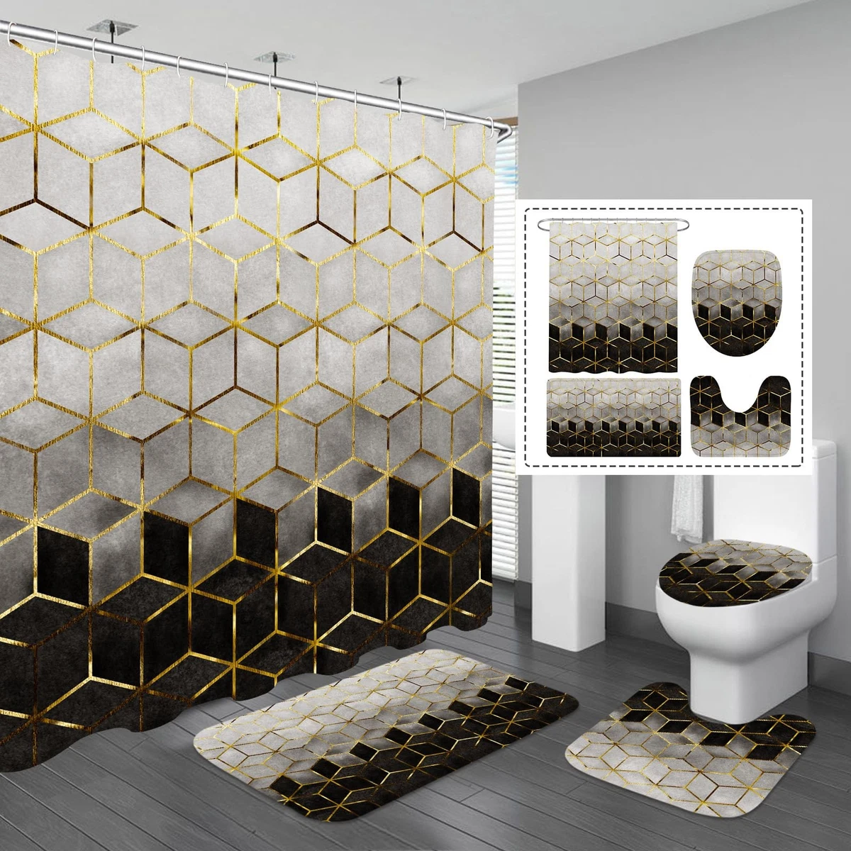 4 Pcs Bathroom Shower Curtain Set with Non-Slip Rugs Toilet Lid Cover Bath Mat