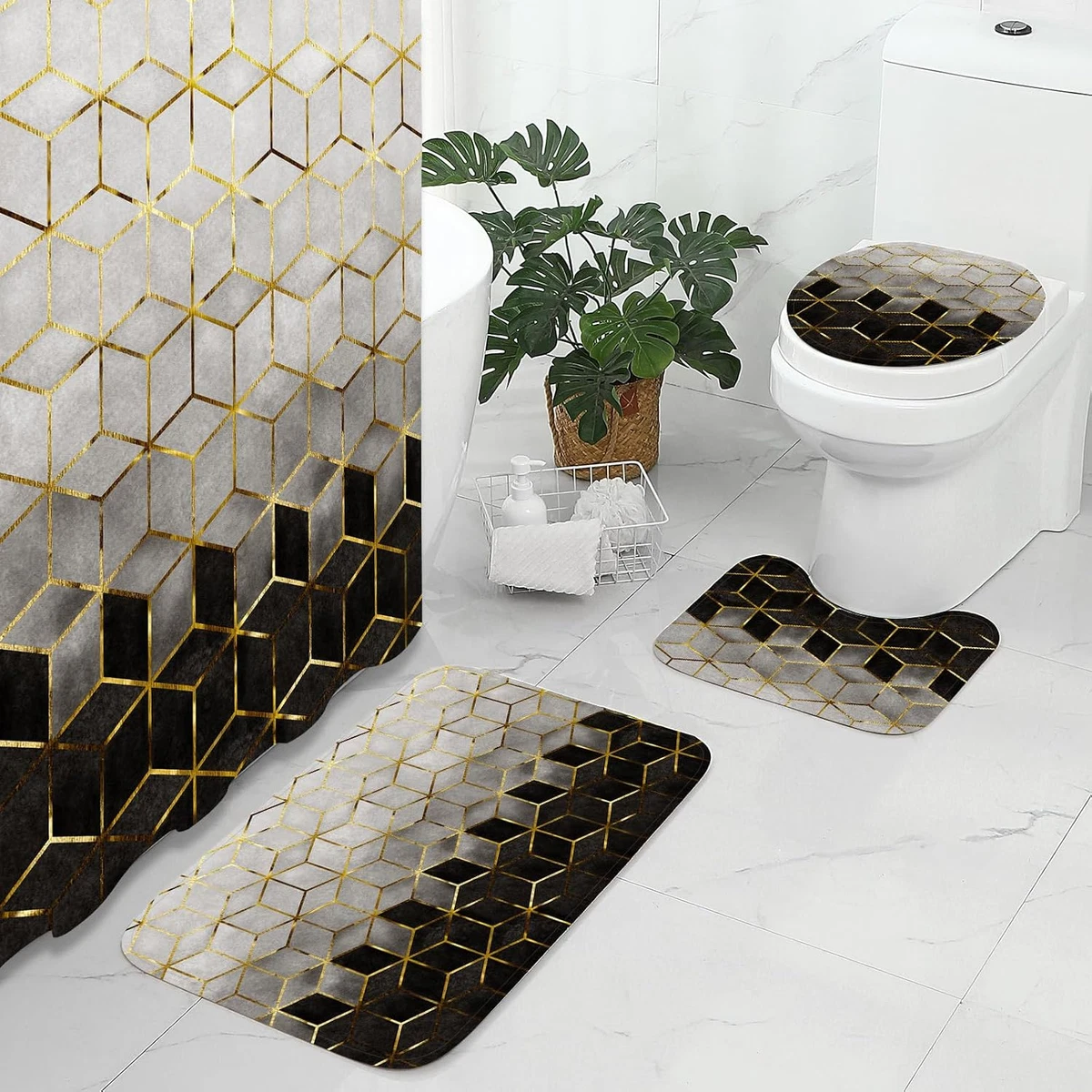 4 Pcs Bathroom Shower Curtain Set with Non-Slip Rugs, Toilet Lid Cover