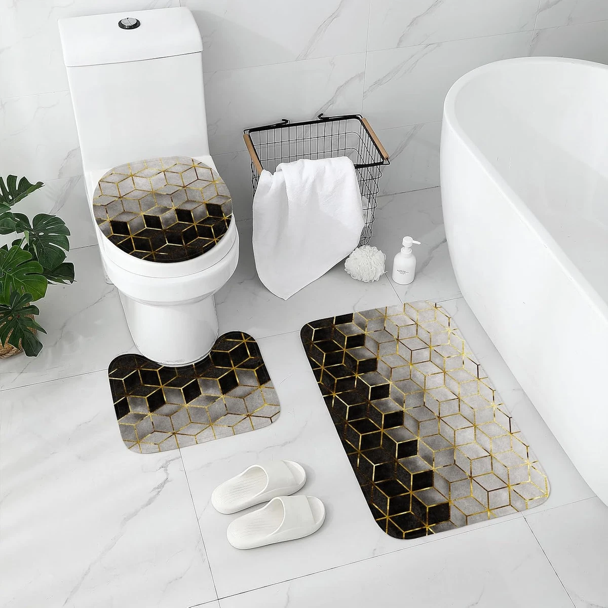 4 Pcs Bathroom Shower Curtain Set with Non-Slip Rugs, Toilet Lid Cover