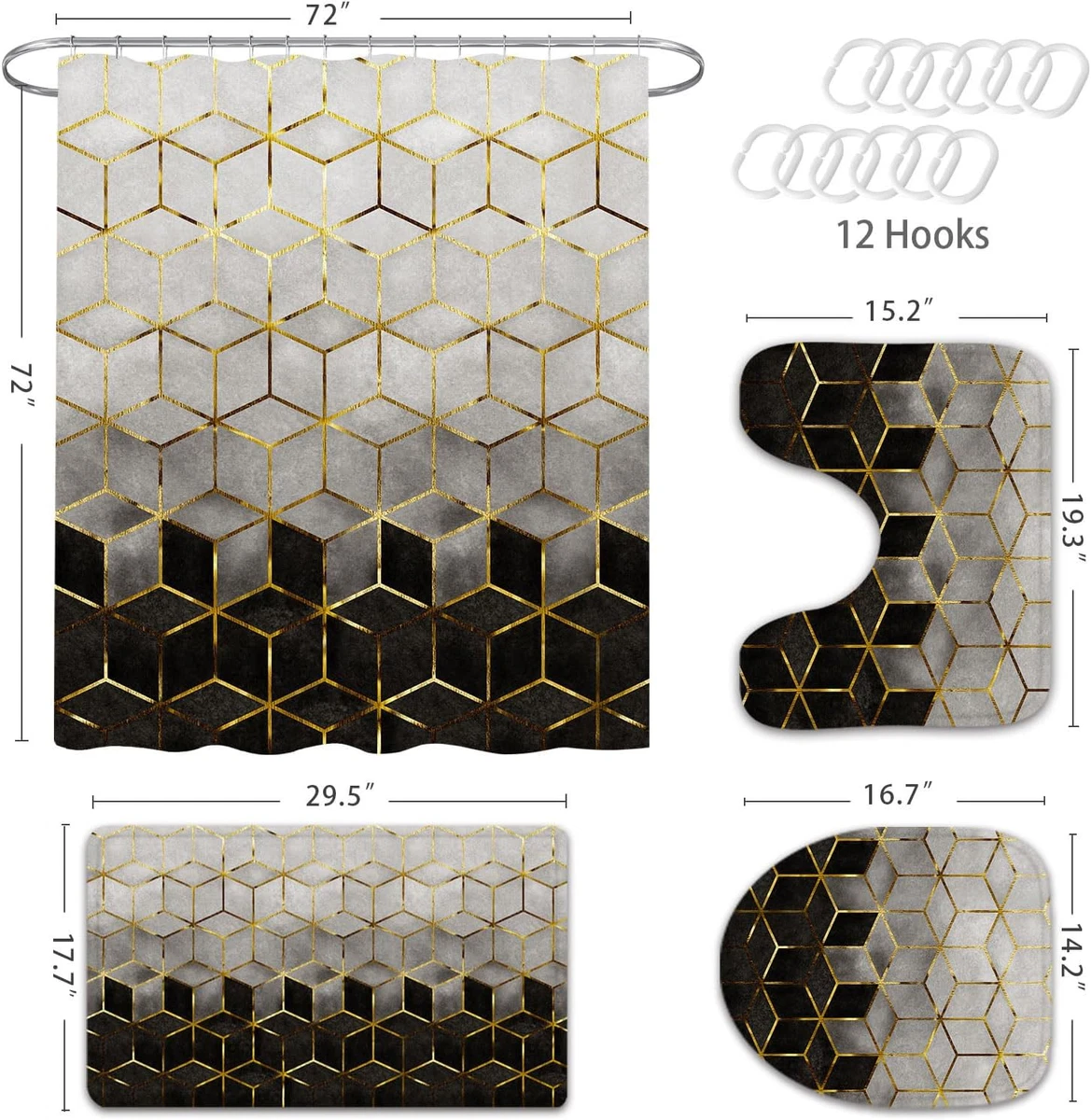 4 Pcs Bathroom Shower Curtain Set with Non-Slip Rugs, Toilet Lid Cover