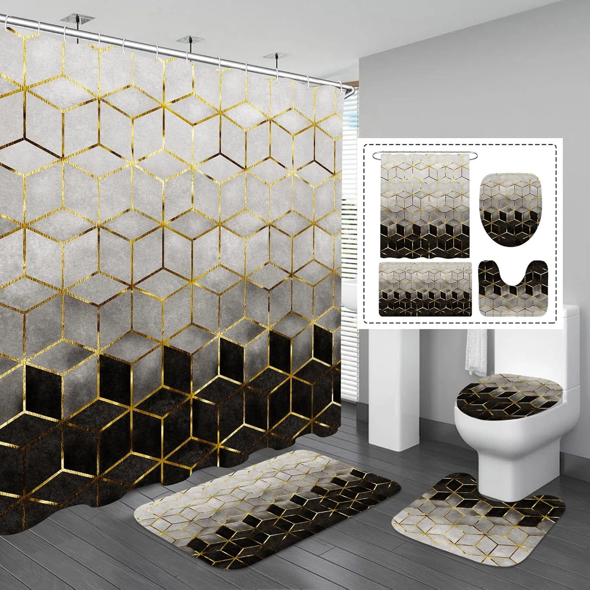 4 Pcs Bathroom Shower Curtain Set with Non-Slip Rugs, Toilet Lid Cover