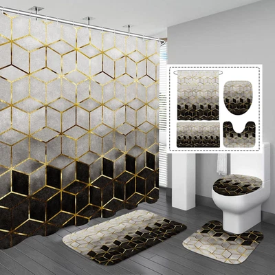 4 Pcs Bathroom Shower Curtain Set with Non-Slip Rugs, Toilet Lid Cover