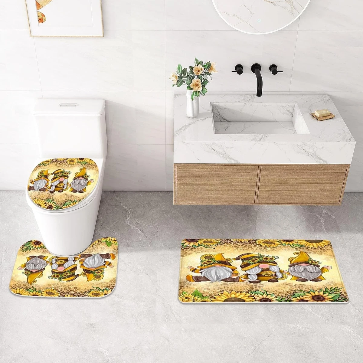4 Pcs Beach Shower Curtain Set with Non-Slip Rug, Toilet Lid Cover and Mat, S...