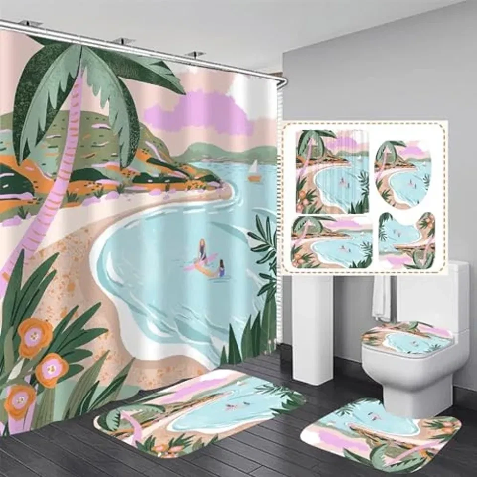 4 Pcs Beach Shower Curtain Set with Non-Slip Rug, Toilet Lid Cover and Mat,