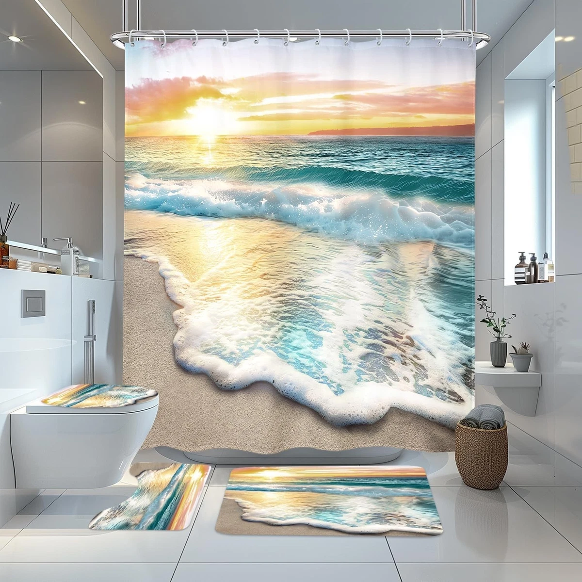 4 PCS Beach Shower Curtain Sets 72Wx72H Inch, Toilet Lid Cover, U-Shaped Mat ...