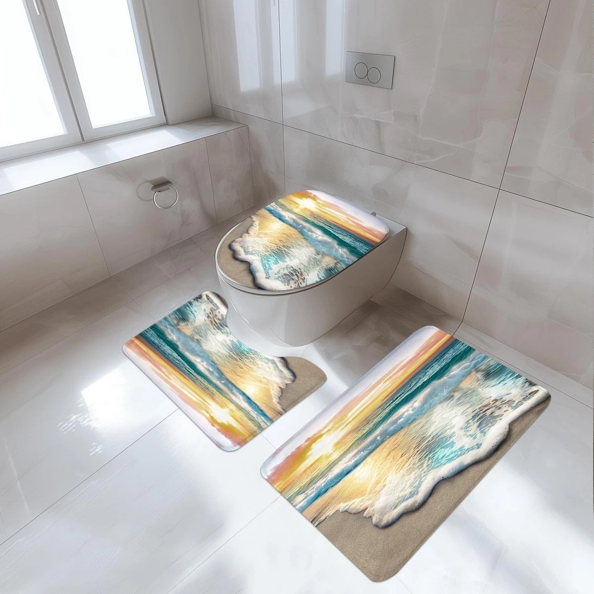4 PCS Beach Shower Curtain Sets 72Wx72H Inch, Toilet Lid Cover, U-Shaped Mat ...
