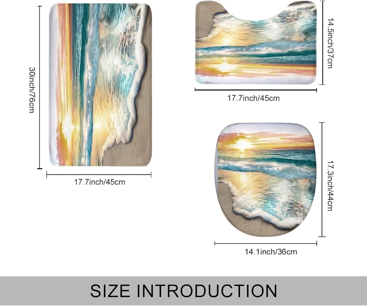 4 PCS Beach Shower Curtain Sets 72Wx72H Inch, Toilet Lid Cover, U-Shaped Mat ...
