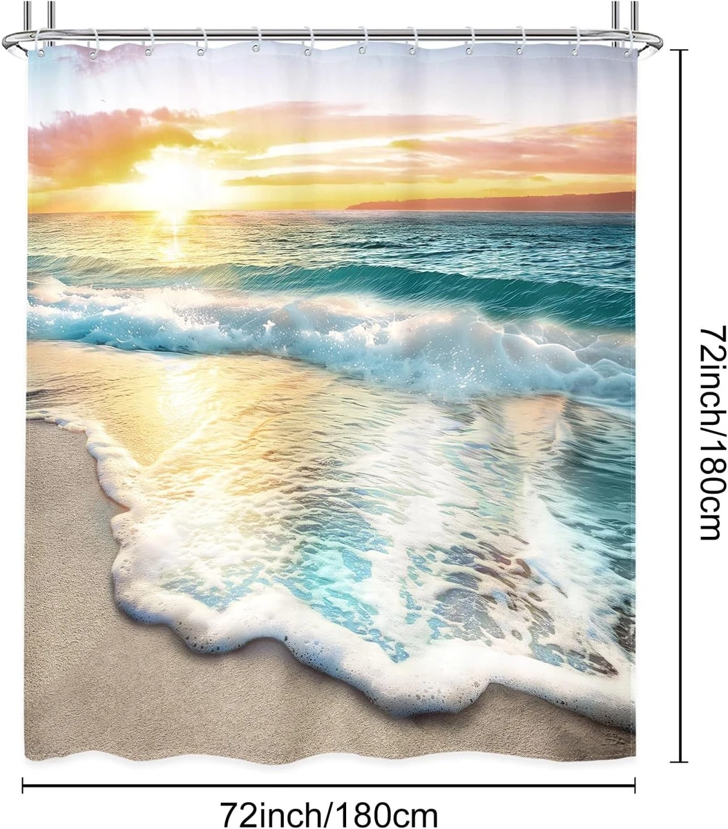 4 PCS Beach Shower Curtain Sets 72Wx72H Inch, Toilet Lid Cover, U-Shaped Mat ...