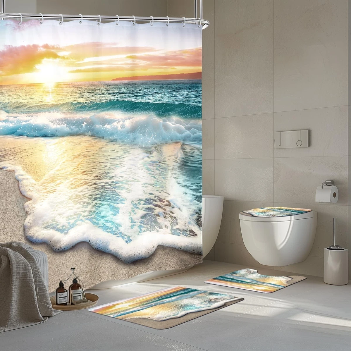 4 PCS Beach Shower Curtain Sets 72Wx72H Inch, Toilet Lid Cover, U-Shaped Mat ...