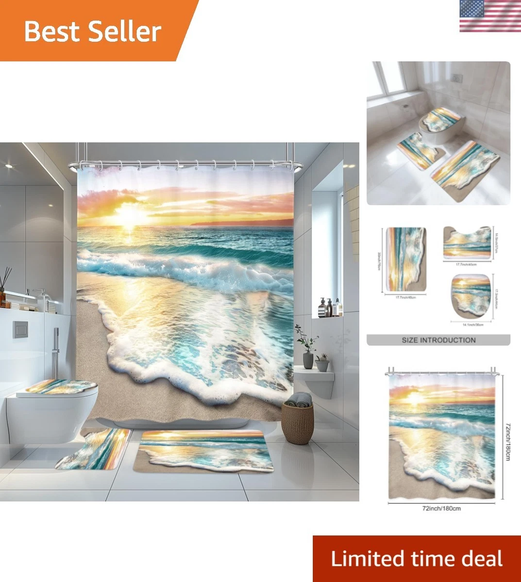 4 PCS Beach Shower Curtain Sets 72Wx72H Inch, Toilet Lid Cover, U-Shaped Mat ...