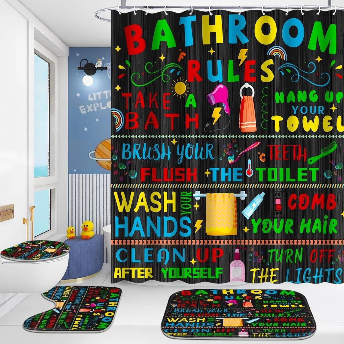 4 Pcs Black Bathroom Shower Curtain Set with Rugs, Toilet Lid Cover & Hooks