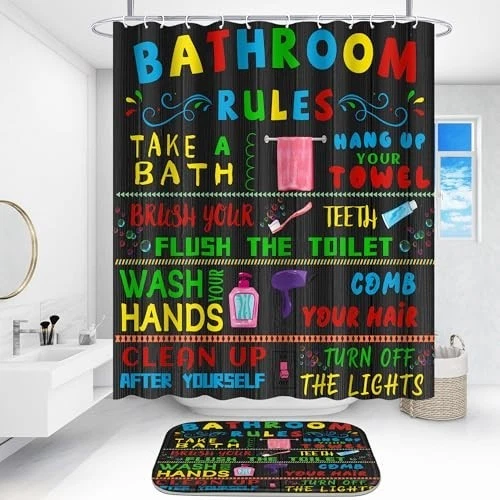 4 Pcs Black Bathroom Shower Curtain Set with Rugs, Toilet Lid Cover & Hooks