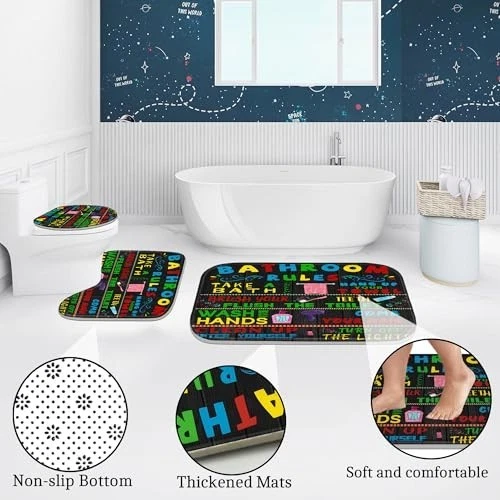 4 Pcs Black Bathroom Shower Curtain Set with Rugs, Toilet Lid Cover & Hooks