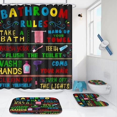 4 Pcs Black Bathroom Shower Curtain Set with Rugs, Toilet Lid Cover & Hooks
