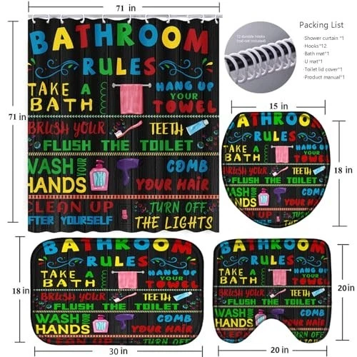 4 Pcs Black Bathroom Shower Curtain Set with Rugs, Toilet Lid Cover & Hooks