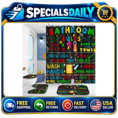 4 Pcs Black Bathroom Shower Curtain Set with Rugs, Toilet Lid Cover & Hooks
