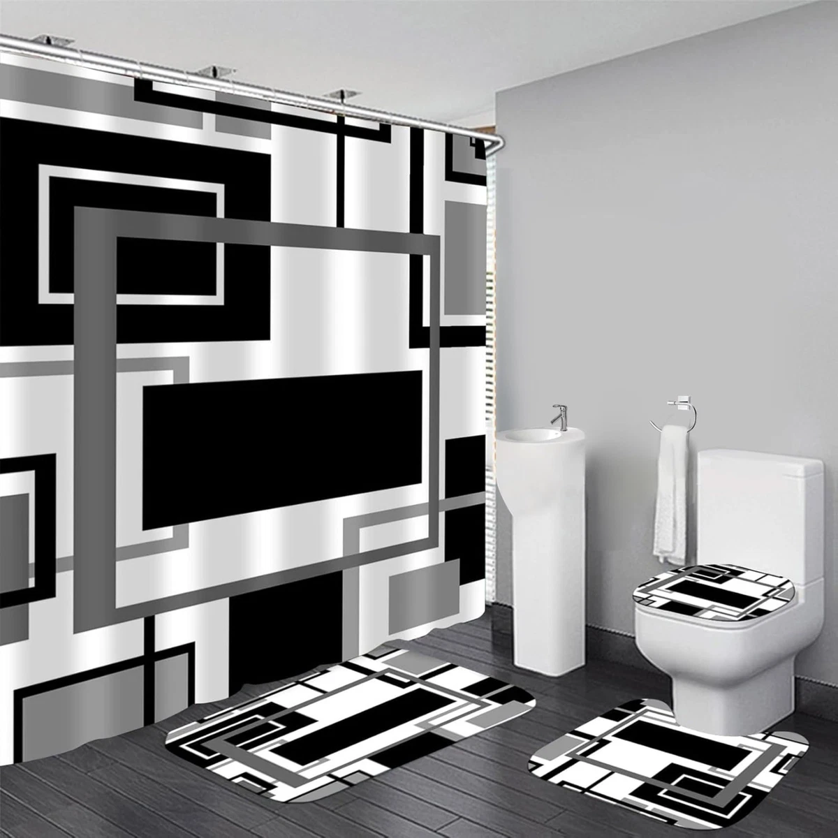 4 Pcs Black Geometric Shower Curtain Set with Rugs & Toilet Lid Cover - Modern B