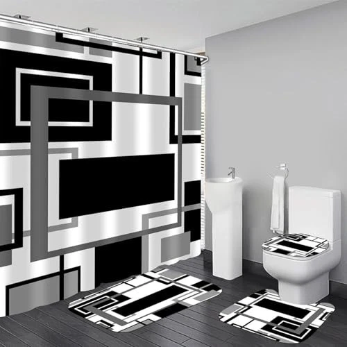 4 Pcs Black Geometric Shower Curtain Set with Rugs & Toilet Lid Cover - Modern B