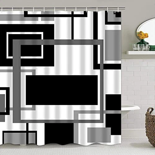 4 Pcs Black Geometric Shower Curtain Set with Rugs & Toilet Lid Cover - Modern B