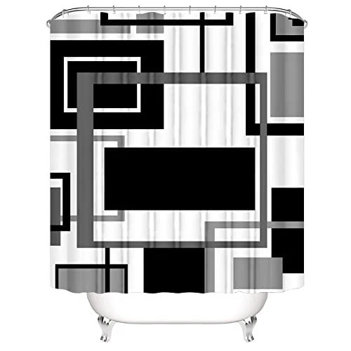 4 Pcs Black Geometric Shower Curtain Set with Rugs & Toilet Lid Cover - Modern B