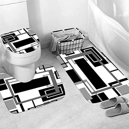 4 Pcs Black Geometric Shower Curtain Set with Rugs & Toilet Lid Cover - Modern B