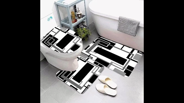 4 Pcs Black Geometric Shower Curtain Set with Rugs & Toilet Lid Cover - Modern B