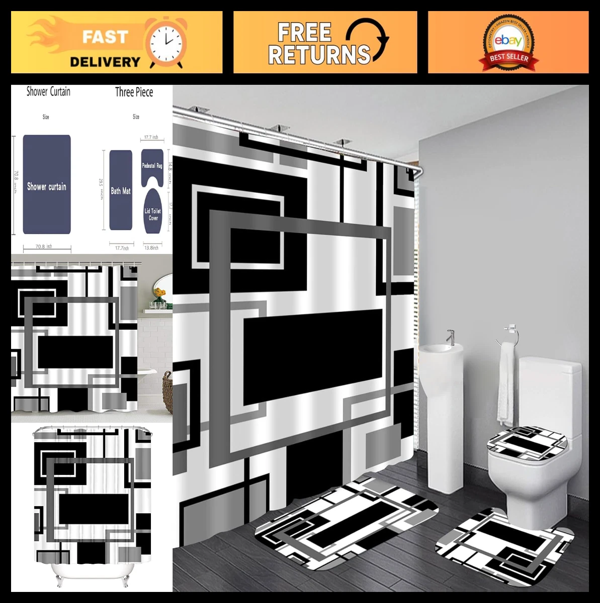 4 Pcs Black Geometric Shower Curtain Set with Rugs & Toilet Lid Cover - Modern B