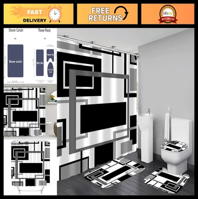 4 Pcs Black Geometric Shower Curtain Set with Rugs & Toilet Lid Cover - Modern B
