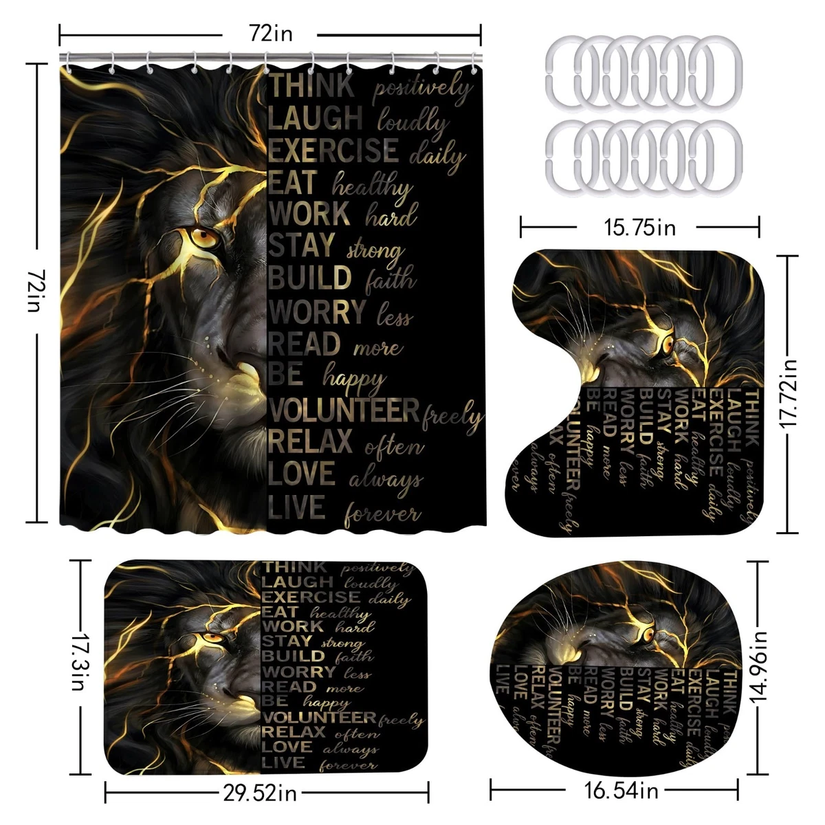 4 Pcs Black Gold Lion Shower Curtain Set with Bath Rugs & Toilet Lid Cover
