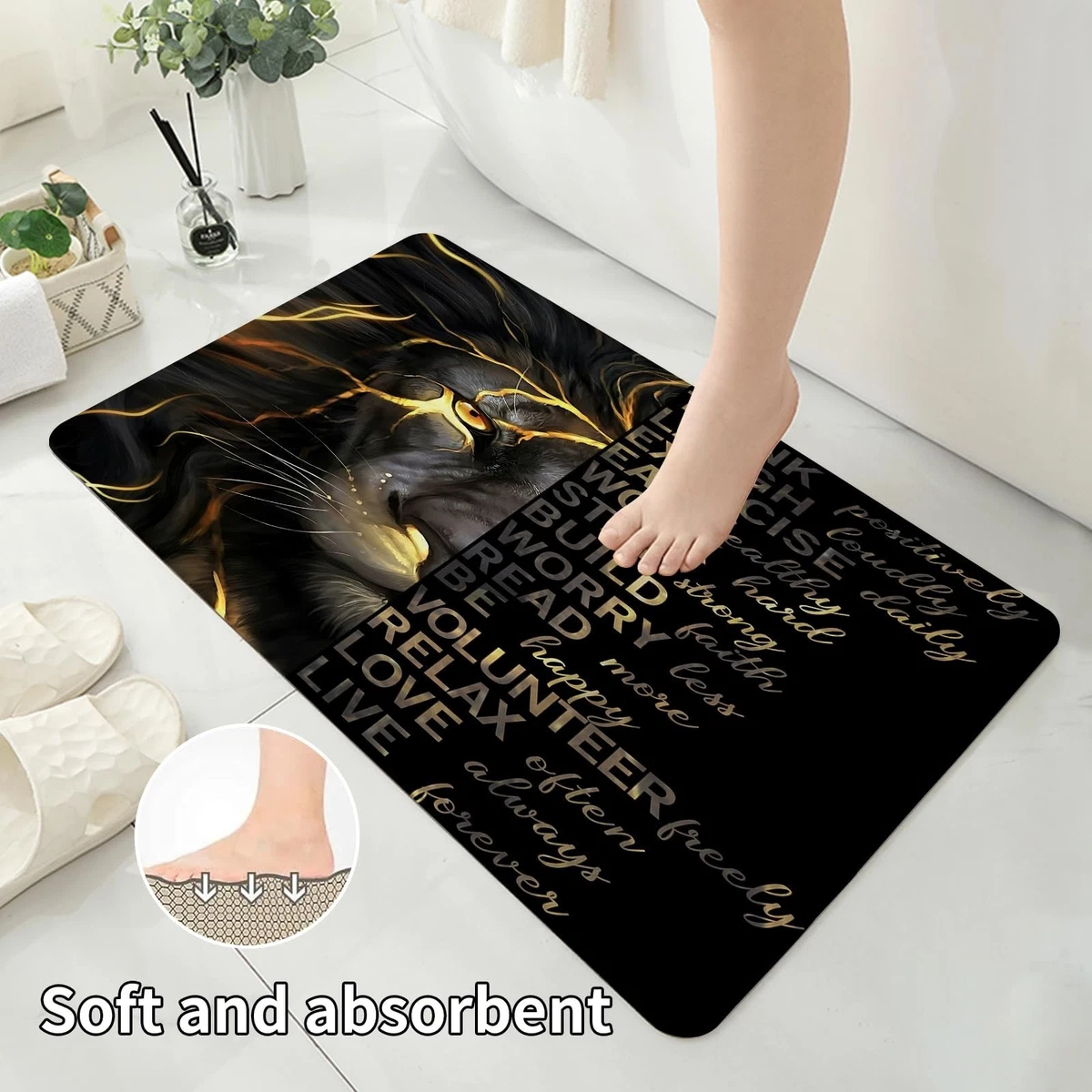 4 Pcs Black Gold Lion Shower Curtain Set with Bath Rugs & Toilet Lid Cover