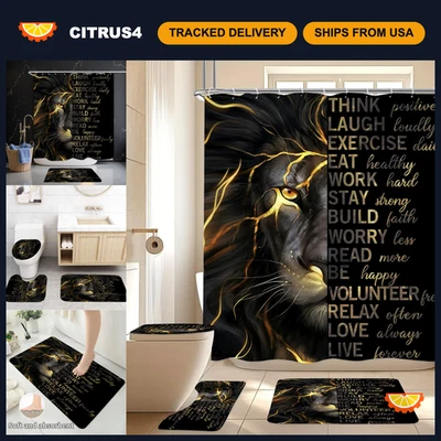 4 Pcs Black Gold Lion Shower Curtain Set with Bath Rugs & Toilet Lid Cover